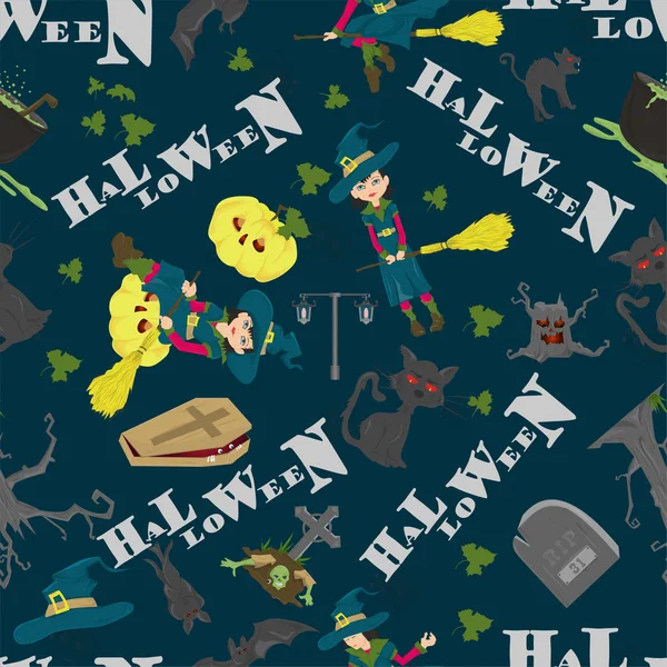 Halloween_22_seamless pattern, in the style of childrens illustr — Stock Vector