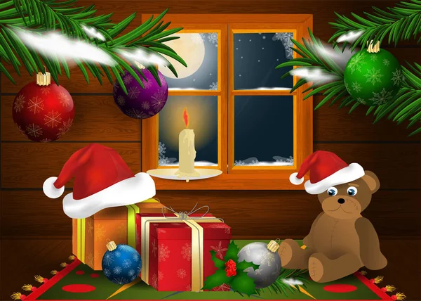 Boże Narodzenie i 7 nowy rok wnętrze w drewnianym pomieszczeniu z oknem — Wektor stockowy