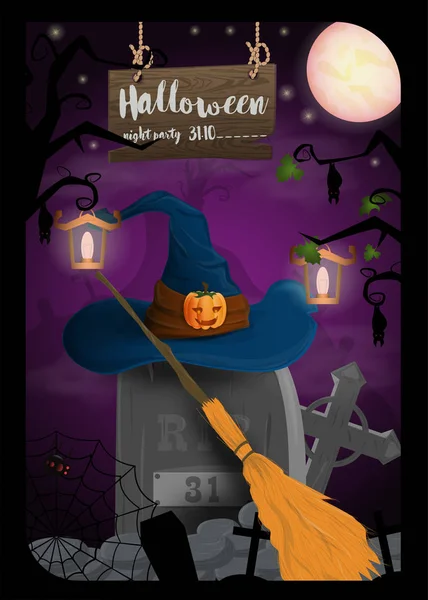 layout design for print Halloween witch hat hanging on a tombsto