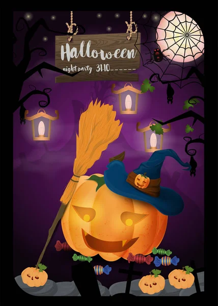 Disegno di layout per la stampa zucca di Halloween con caramelle una scopa e — Vettoriale Stock