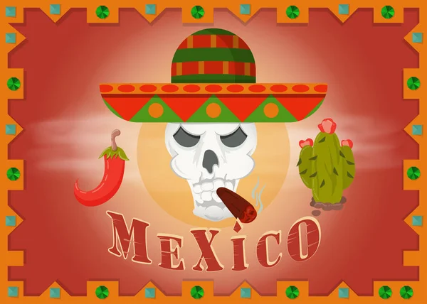 Crânio em sombrero mexicano Fumar charuto cacto esquerdo e direito an — Vetor de Stock