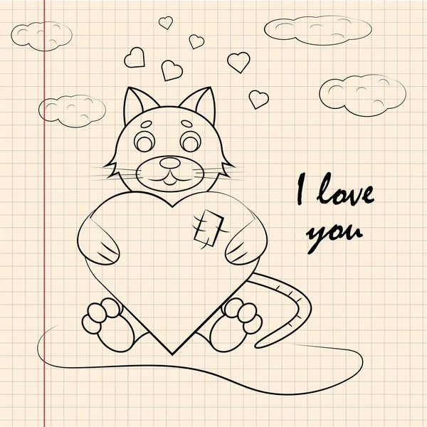 Contorno niños ilustración pequeño gatito abraza corazón con yo l — Vector de stock