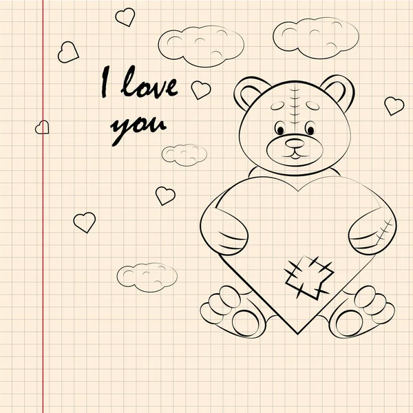 Contour enfants illustration petit ours câlins coeur avec j'aime — Image vectorielle