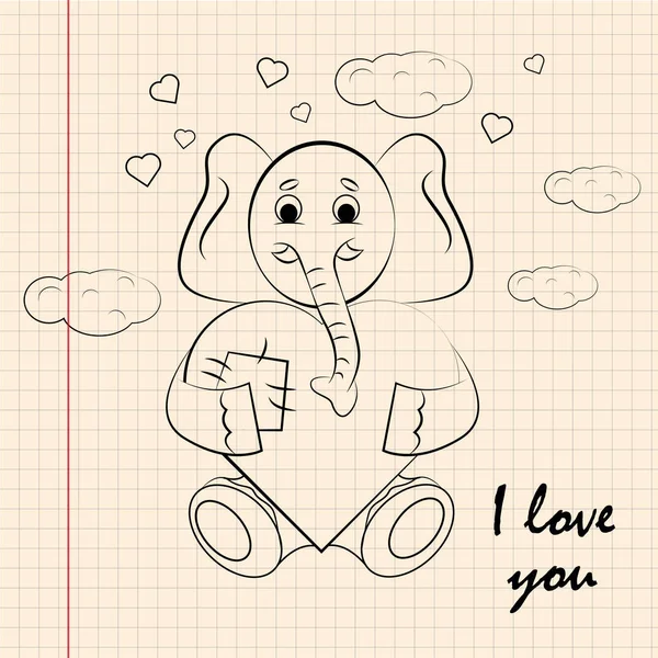 Contour barnens illustration lilla elefant kramar hjärta med I — Stock vektor