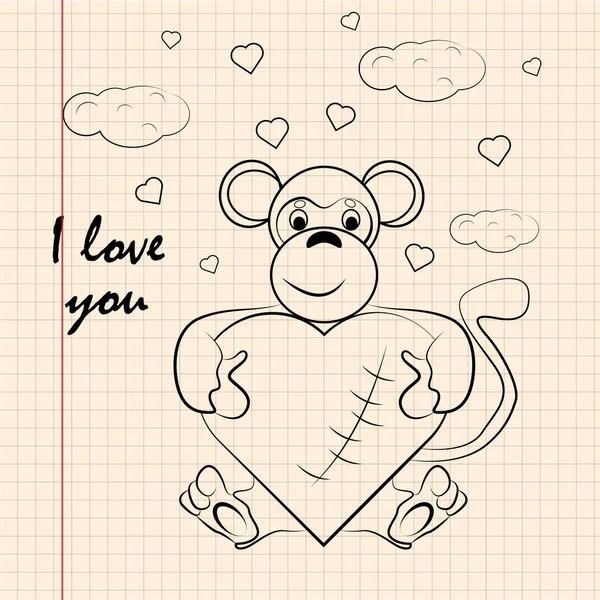 Contour barnens illustration lilla apan kramar hjärta med I l — Stock vektor