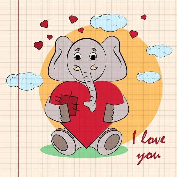 Contorno color niños ilustración pequeño elefante abraza corazón — Vector de stock