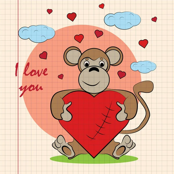 Contorno color niños ilustración pequeño mono abraza corazón wi — Vector de stock