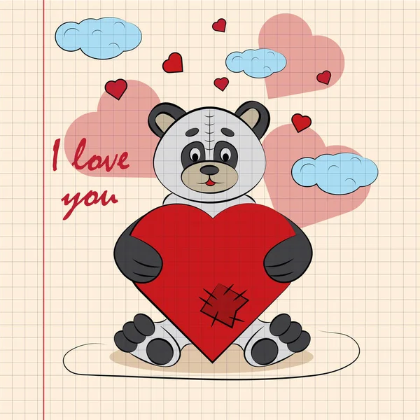 Contorno color niños ilustración poco panda abraza corazón ingenio — Vector de stock