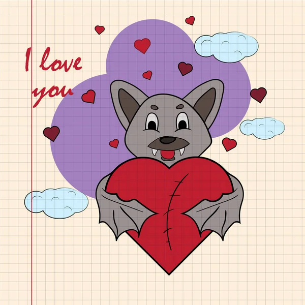 Contorno color niños ilustración pequeño murciélago abraza corazón con — Vector de stock