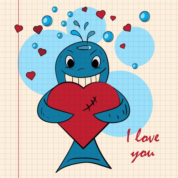 Contorno color niños ilustración poco ballena abraza corazón ingenio — Vector de stock