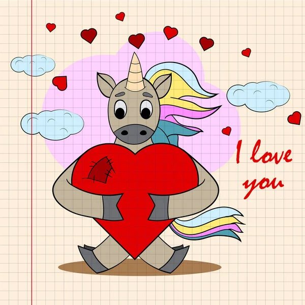 Contorno color niños ilustración poco unicornio abrazos corazón w — Vector de stock