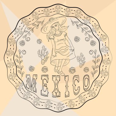 Çevre çizimi 5 dairesel süs çıkartması ve kafatasları Meksika