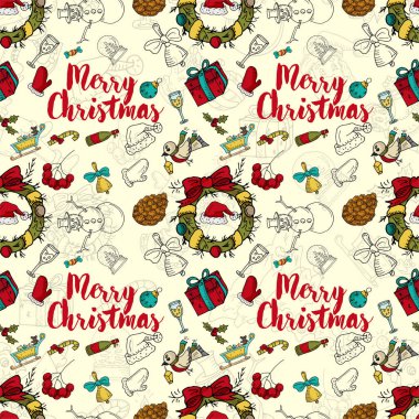 Kusursuz desen 3 Yeni Yıl Noel rengi ve kontur çizimi