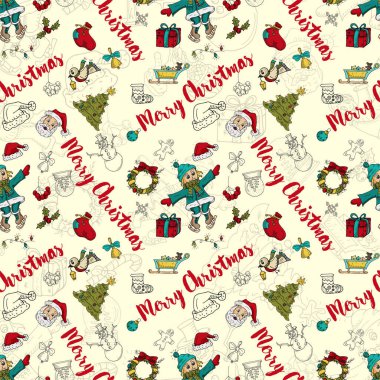 Kusursuz desen 2 Yeni Yıl Noel rengi ve kontur çizimi