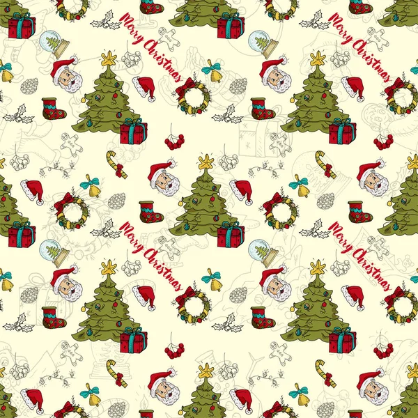 Patrón sin costuras 1 Nuevo año Navidad color y contorno illustra — Vector de stock