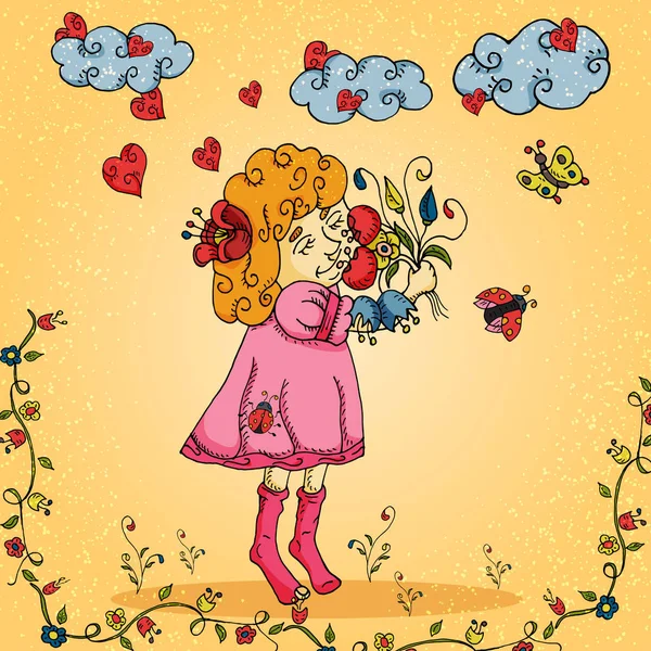 Illustration of a little girl in a dress who sniffs a bouquet of — Stock Vector