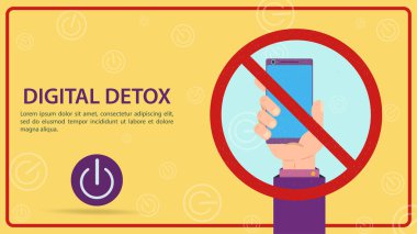 Dijital detoksifikasyon, cep telefonu kullanımını yasaklayan bir tabela, üzeri çizilmiş bir tabela içinde alet tutan bir el, düz vektör çizimi, tasarım afişi