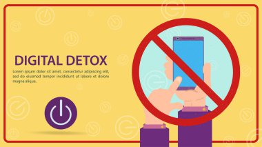 Dijital detoksifikasyon, cep telefonu kullanımını yasaklayan işaretler, işaretli el cihazını kapatır, düz vektör çizimi, tasarım afişi