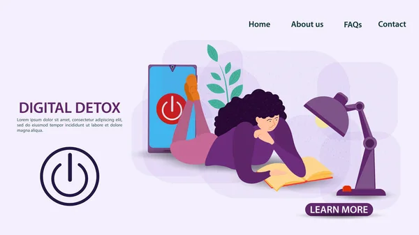 デジタル解毒 ウェブサイトやモバイルサイトのバナーコンセプト 女の子は横になり テーブルランプ オフボタン フラットベクトルイラストの下で本を読んで — ストックベクタ