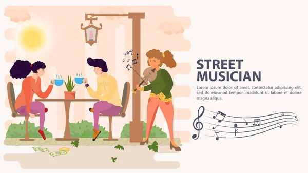 Banner Sokak Müzisyeni Masada Oturup Çay Içen Bir Çift Için — Stok Vektör