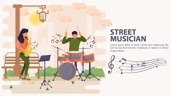 Banner Músico Rua Homem Tocando Bateria Mulher Tocando Saxofone Desenho —  Vetores de Stock