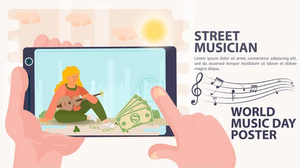 Banner Sokak Müzisyeni Dünyanın Müzik Günü Billboard Telefonda Çekim Bir — Stok Vektör