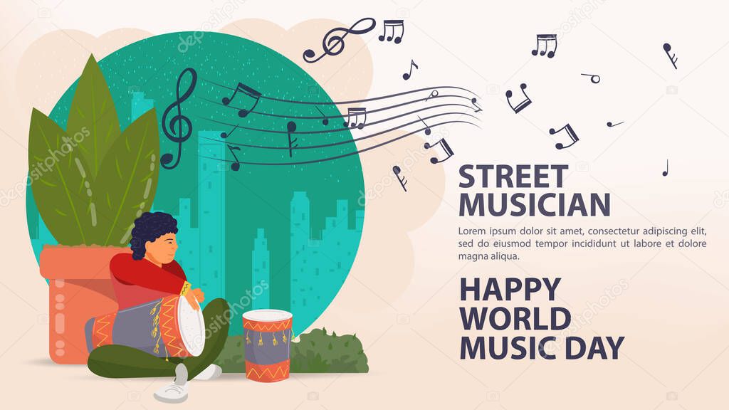 Banner Street Musician World Music Day Poster Man Playing A Big Drum Next To A Plant Notes Icons Flat Vector Illustration Cartoon Premium Vector In Adobe Illustrator Ai Ai