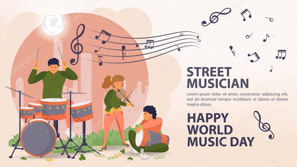 Banner, street musician, world music day Poster, People man and woman playing drums and violin, sheet music icons, flat vector illustration cartoon