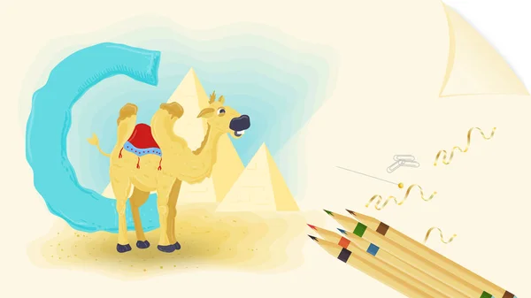 横幅布局图解 英语字母表 字母C 骆驼用彩色铅笔在纸上学习字母 — 图库矢量图片