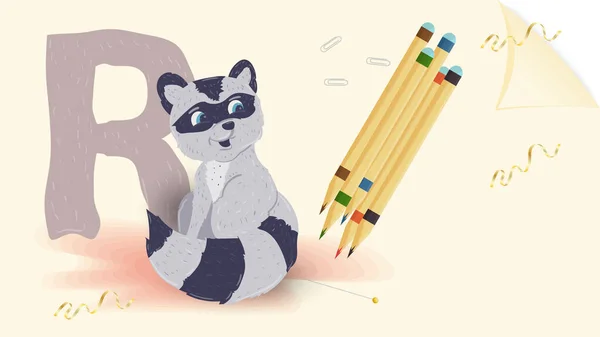 横幅布局图例 学习字母的英文字母 字母R 用彩色铅笔在纸上的浣熊 — 图库矢量图片