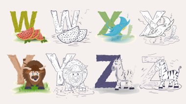 5 kişilik takım, izole ikonlar, İngiliz alfabesi, alfabe, düz renk ve çizgi karalamalarını öğrenmek için.