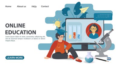 Çevrimiçi eğitim, web sayfası tasarımı mikroskobun yanında oturan adam, bilgisayar internet teknolojileri konusunda evde eğitim, düz vektör illüstrasyon çizgi filmi