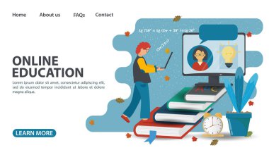 Çevrimiçi öğrenme, web sayfası tasarımı, kitaplardan dizüstü bilgisayarla merdivenleri çıkan bir çocuk, bilgisayar internet teknolojileri üzerine evde eğitim, düz vektör illüstrasyon çizgi filmi
