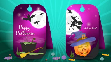 Cadılar Bayramı arifesi, balkabağı cadı şapkası ve iksirli cadı kazanı, düz vektör çizimi temalı dekorasyon tasarımı için iki etiket.