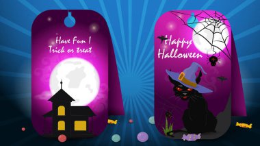 Cadılar Bayramı, hayalet evi, şapkalı kara kedi cadı, düz vektör çizimi temalı dekorasyon tasarımı için iki etiket.