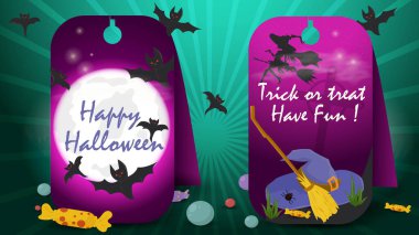 Cadılar Bayramı arifesi, gece yarısı cadı şapkası ve süpürgesi temalı dekorasyon tasarımı için iki etiket.