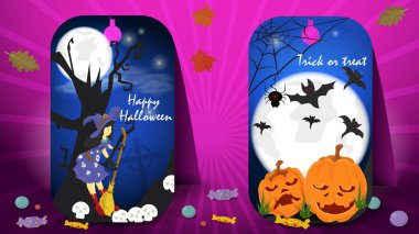 Cadılar Bayramı 'nın arifesinde tüm azizler teması üzerine dekorasyon tasarımı için iki etiket, ağacın yanında süpürgesi olan bir cadı ve bir balkabağı dairesi, vektör çizimi.