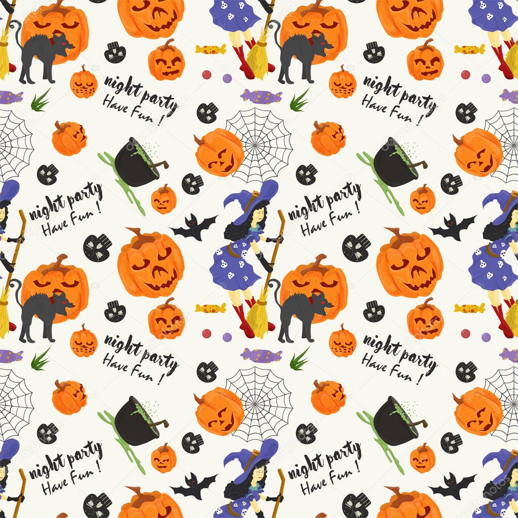 seamless pattern, for decoration design, for all saints eve Halloween, Witch with broom, black cat, pumpkins and lettering, flat vector illustration