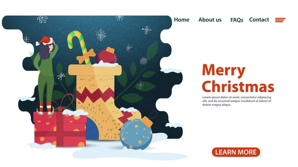 クリスマスと新年のデザインのためのバナー モバイルアプリのウェブページ アシスタントエルフは贈り物と靴下を見て フラットベクトルイラスト — ストックベクタ