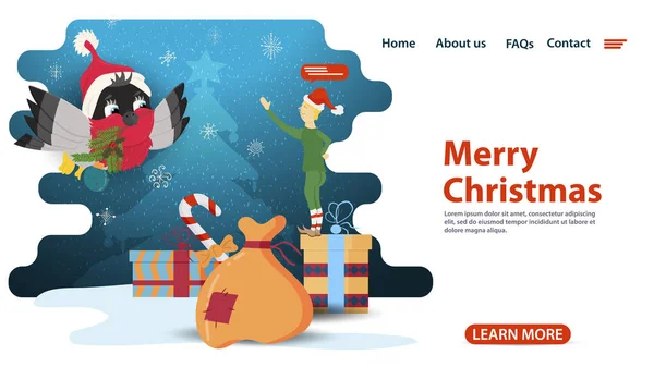 クリスマスと新年のデザインのためのバナー モバイルアプリのウェブページ アシスタントエルフはブルフィンチ鳥に会います フラットベクトルイラスト — ストックベクタ