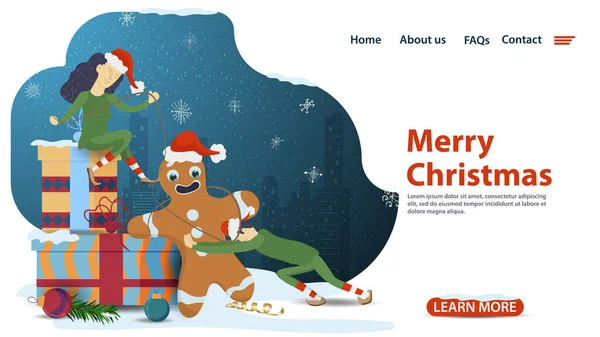 페이지 모바일 애플리케이션의 크리스마스 디자인을 플래그를 제공하는 사람들이 일러스트에 진저브레드 — 스톡 벡터