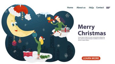Noel ve yeni yıl tasarımı için pankart, mobil uygulama web sayfaları, elf asistanları Ay 'ı giydirme, düz vektör illüstrasyonu