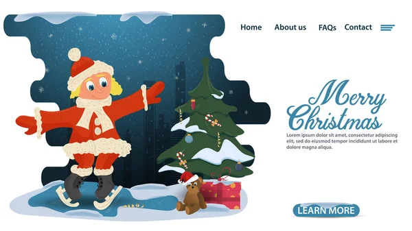Banner Natale Capodanno Pagine Web Applicazioni Mobili Pattinaggio Bambine Illustrazione — Vettoriale Stock