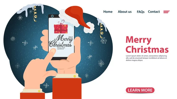 크리스마스 디자인을 모바일 애플리케이션 페이지 할인으로 선물을 구매하는 모바일 일러스트를 — 스톡 벡터