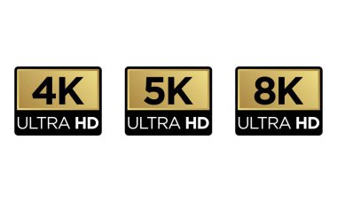 Golden 8K, 4K, 5k Ultra HD Video Çözünürlük Simgesi Logosu; Yüksek çözünürlüklü TV / Game Screen monitörü Etiketi