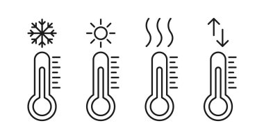 Termometre simgesi. Sıcak, soğuk sıcaklık vektörü. Sıcak, dondurucu bir hava. Celsius, fahrenheit derecesi.
