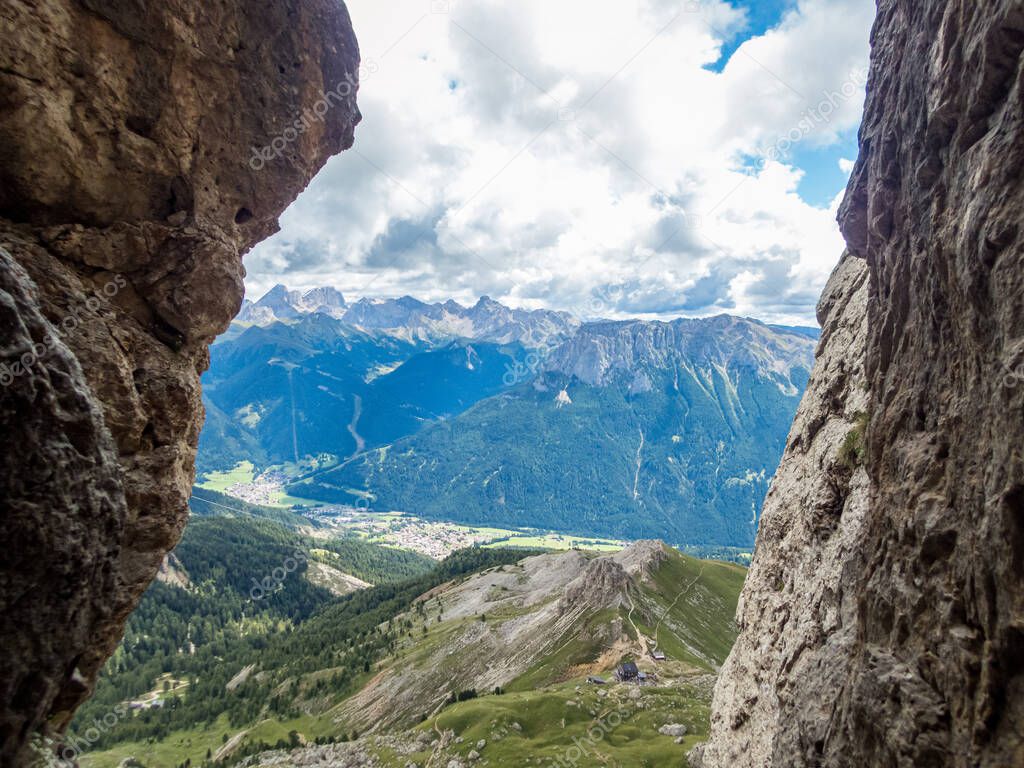 Climbing on the Rotwand and Masare via ferrata in the rose garden in the Dolomites, South Tyrol, Italy