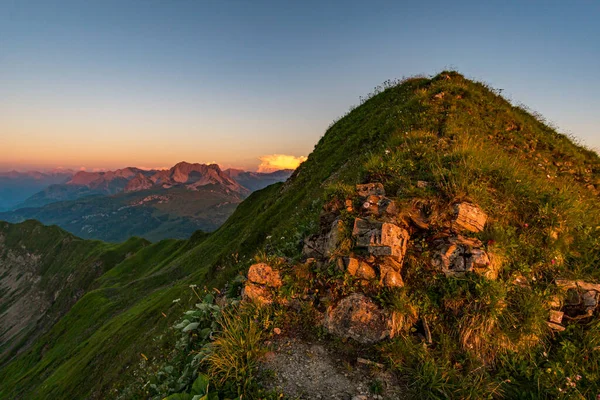 Fantastic Sunset Tour Beautiful Panoramic Mountain Hoferspitze Schrocken Allgau Alps — Stock Photo, Image