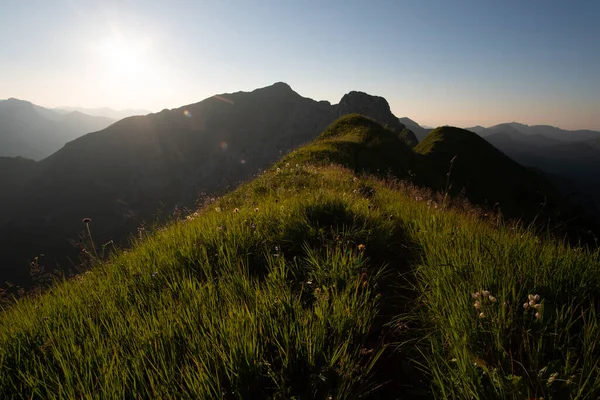 Fantastique Coucher Soleil Sur Belle Montagne Panoramique Hoferspitze Près Schrocken — Photo