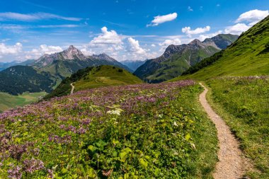 Vorarlberg Avusturya 'daki Lechquellen Dağları' nda Warth Schrocken yakınlarındaki Karhorn Via Ferrata 'ya tırmanıyorum.